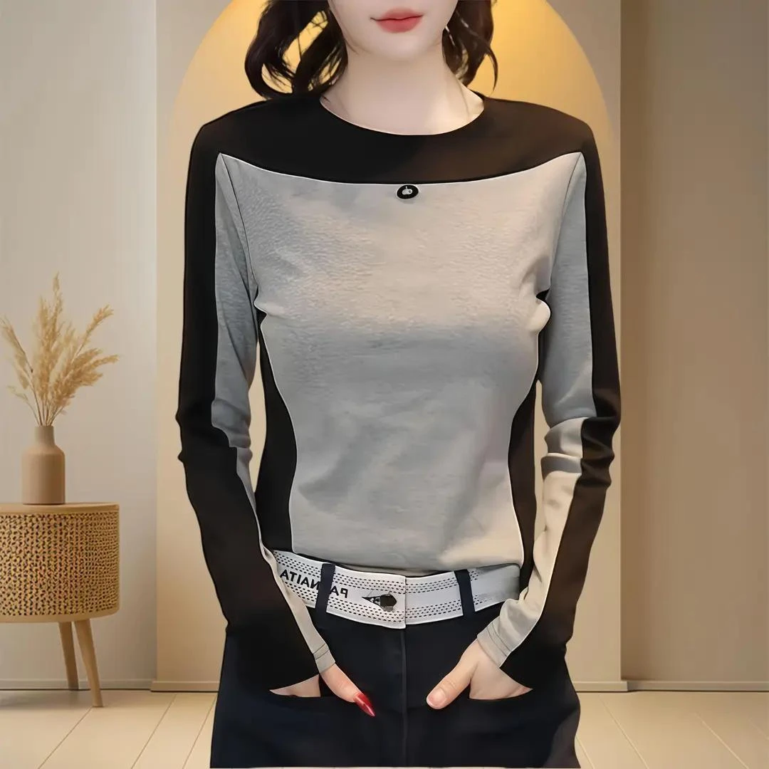 显瘦洋气时尚百搭拼接打底衫秋季韩系风中青年圆领长袖条纹修身型