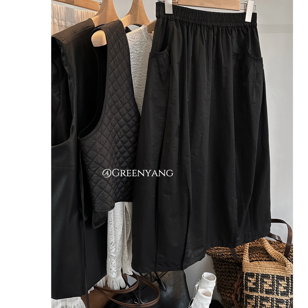 老羊家~黑色半身裙 法式双皱休闲显瘦百搭春夏松紧腰A字裙显瘦女