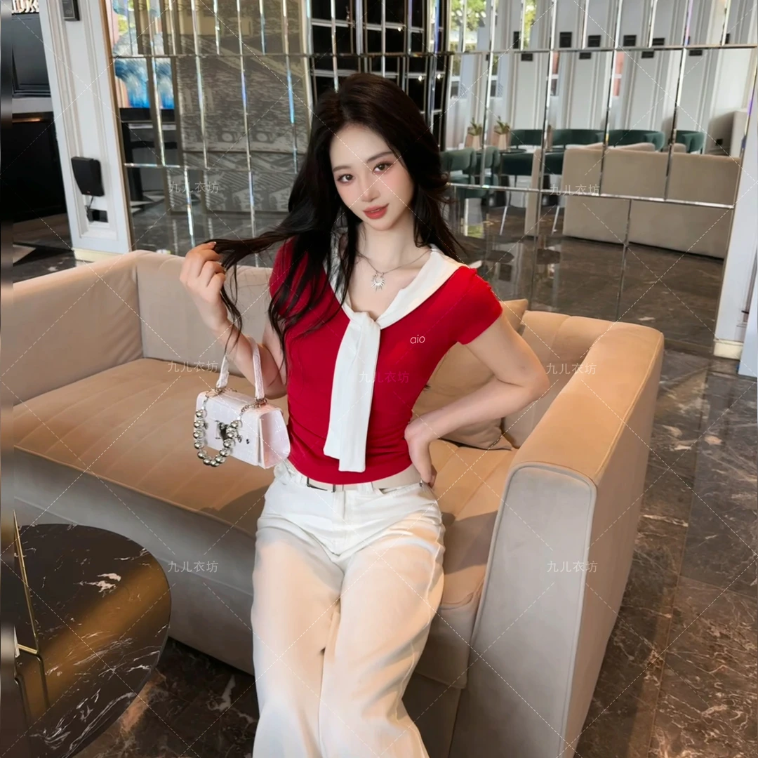 2025夏季新款撞色V领海军风假两件拼接披肩短袖T恤女收腰显瘦上衣