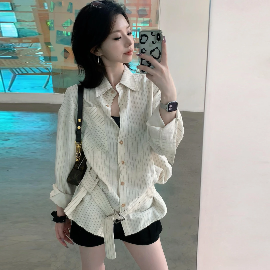 韩系长袖条纹白色衬衫衬衣女早秋2025新款高级感法式收腰上衣外套