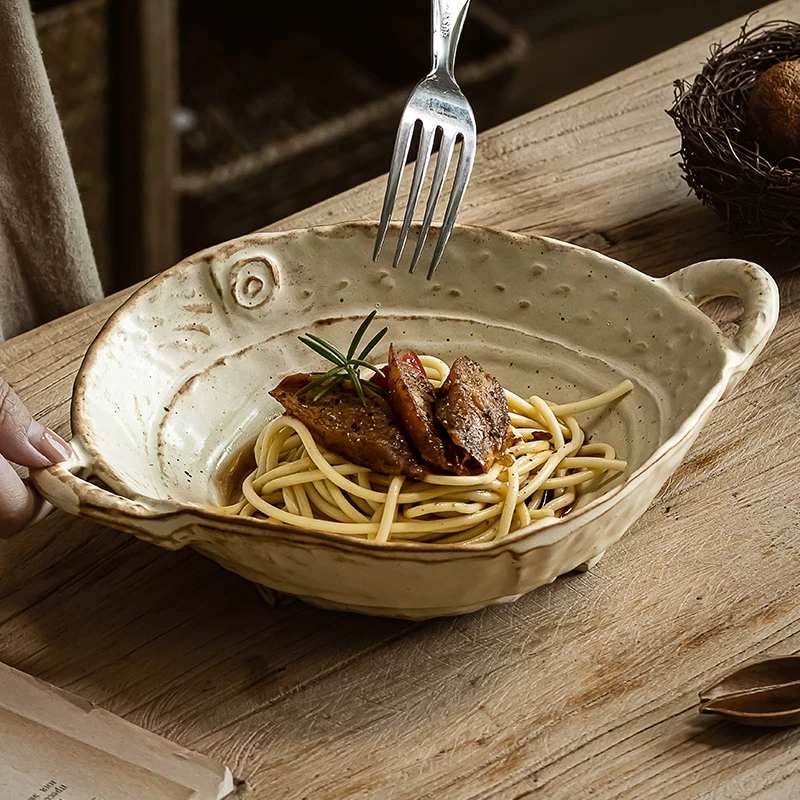 手作粗陶双耳盘异形盘复古做旧沙拉盘高颜值果盘家用餐具菜盘