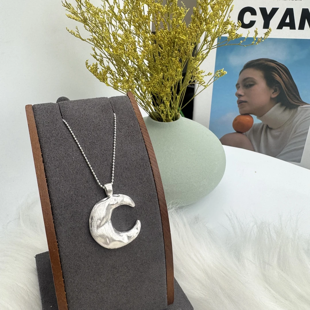 坠链均925银 【毛衣链】不规则磨砂月亮项链女简约ins冷淡风秋冬月