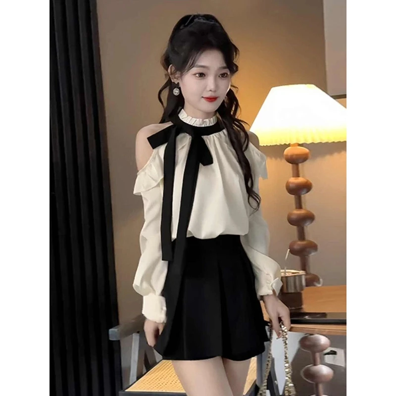 洋气甜美宽松百搭长袖撞色立领绑带露肩衬衫半身裙两件套装女春季