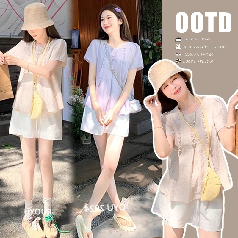 Y3889#5.4夏季孕妇2025新款肌理感花边设计薄款娃娃衫