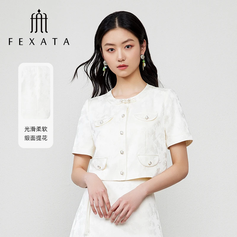 FEXATA斐格思2025夏季新款高级感中式风提花盘扣白色短袖上衣女