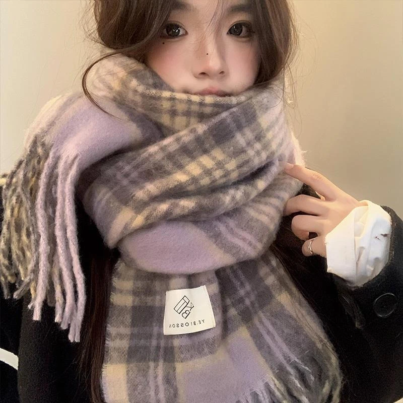 紫色格子围巾女2024年秋冬季韩系氛围感加厚保暖高级感围脖披肩潮