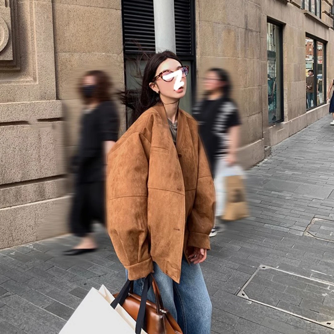 时尚韩版棒球服外套秋季新款宽松美式复古文艺休闲V领夹克上衣女