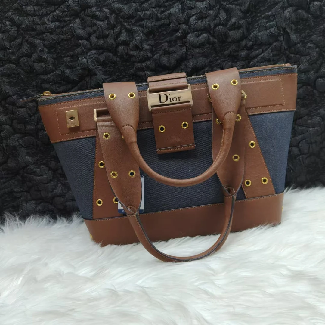 95新 DIOR/迪奥 迪奥牛仔拼皮中号托特单肩包