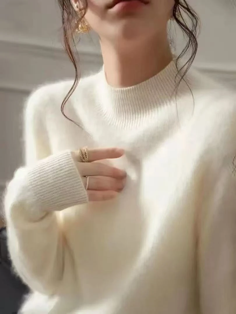 软糯蓬松轻奢无缝羊绒拉毛女宽松慵懒风半高领针织打底衫毛衣套头