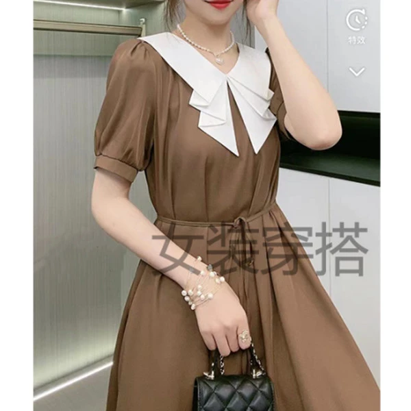 【8350-纸鸢】 2025年法式优雅v领撞色拼接收腰显瘦连衣裙中长裙