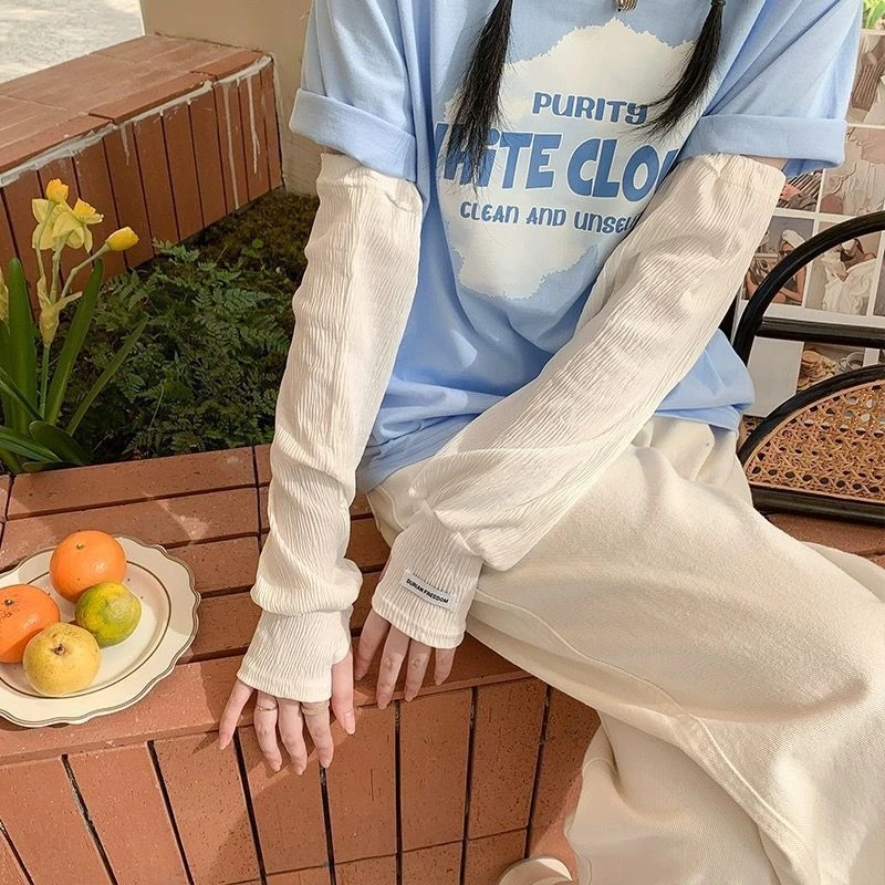 压皱冰丝防晒袖宽松码纯色ins潮褶皱开车防晒手袖夏季冰袖