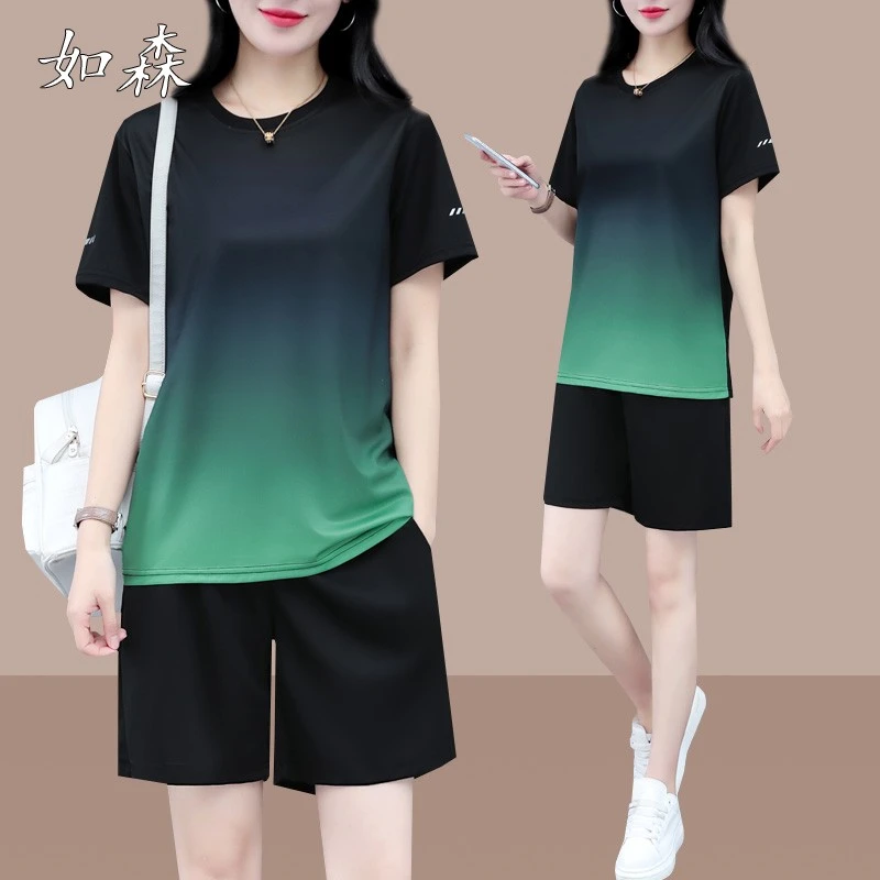 速干冰丝运动套装女夏季2025新款短袖短裤洋气宽松薄款透气两件套