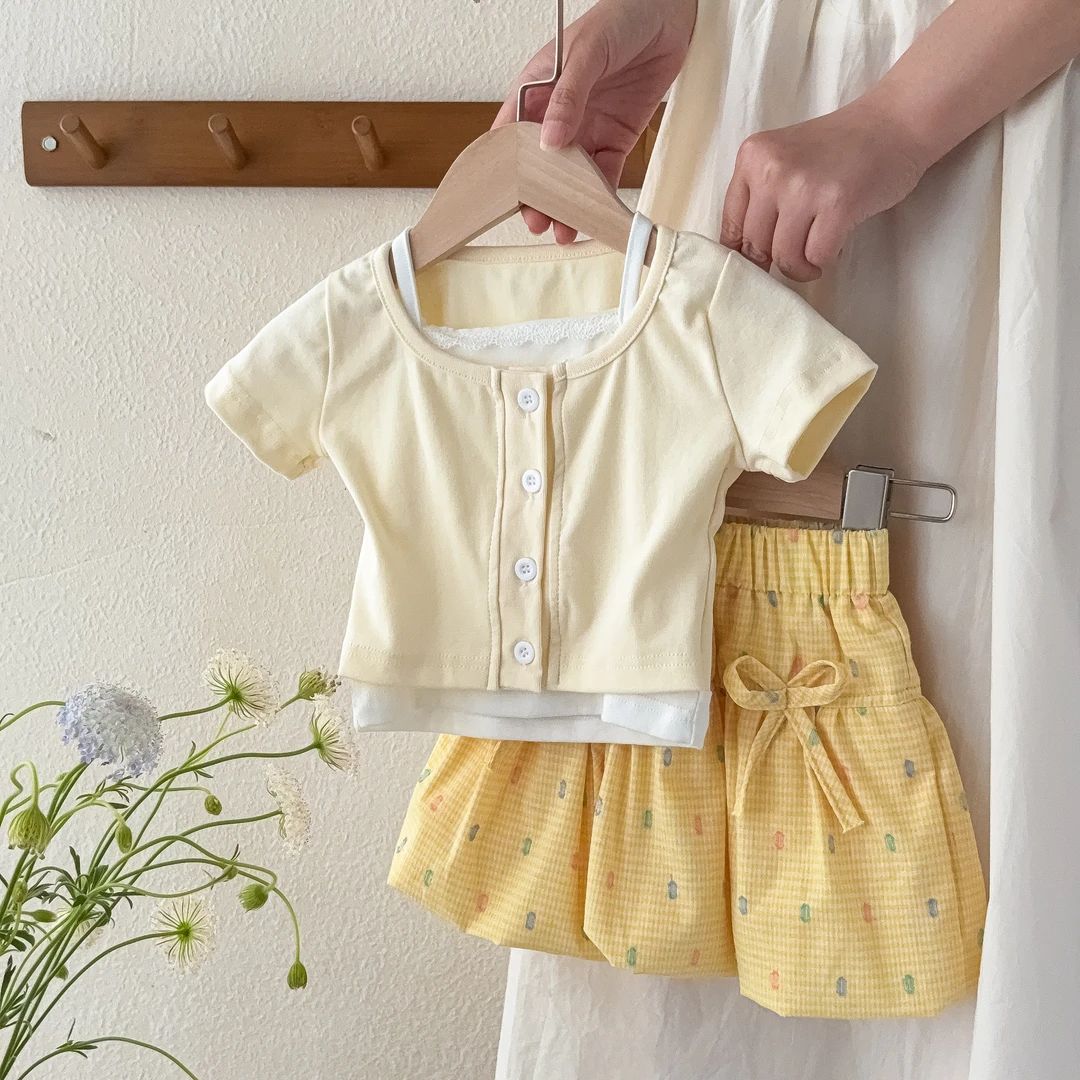 女宝宝短袖T恤夏装新款超萌洋气吊带假两件上衣花苞裙裤套装