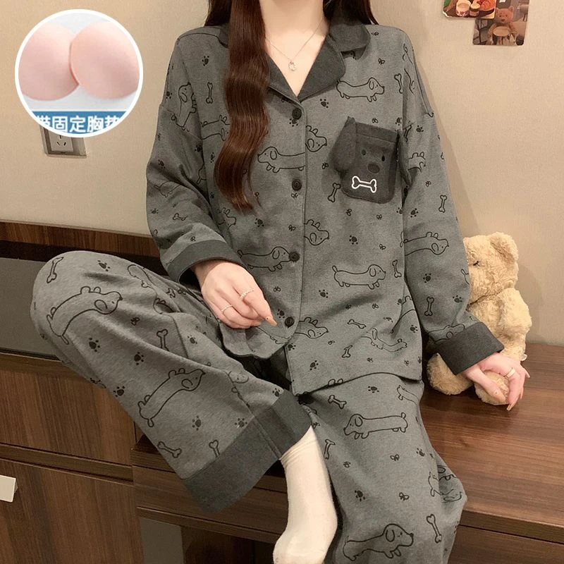 韩版睡衣女长袖长裤薄款灰色甜美卡通开衫带胸垫春秋季家居服套装