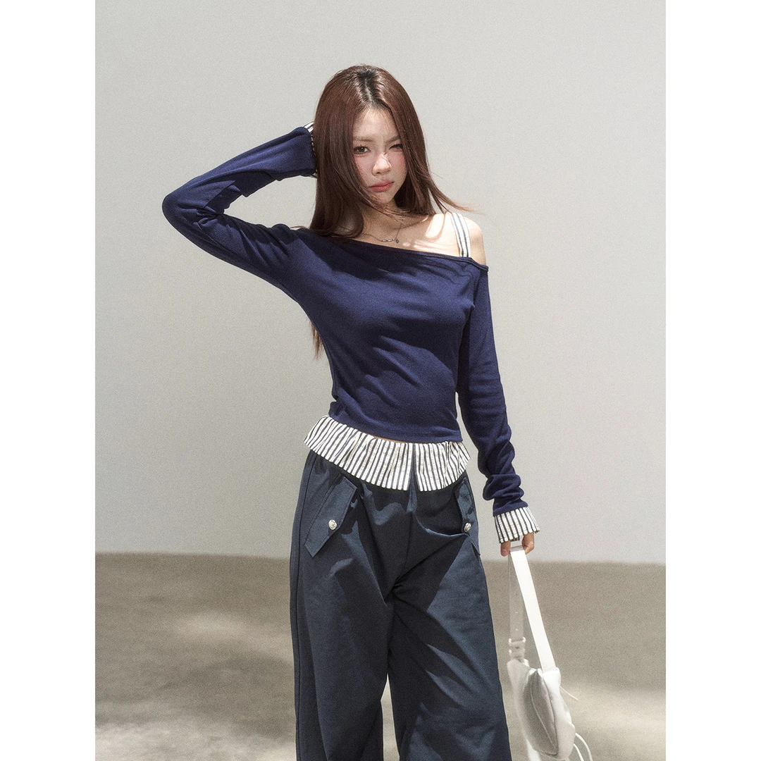 【小野莓】斜肩气质长袖T恤女秋季新款修身显瘦甜美上衣清清BT68982