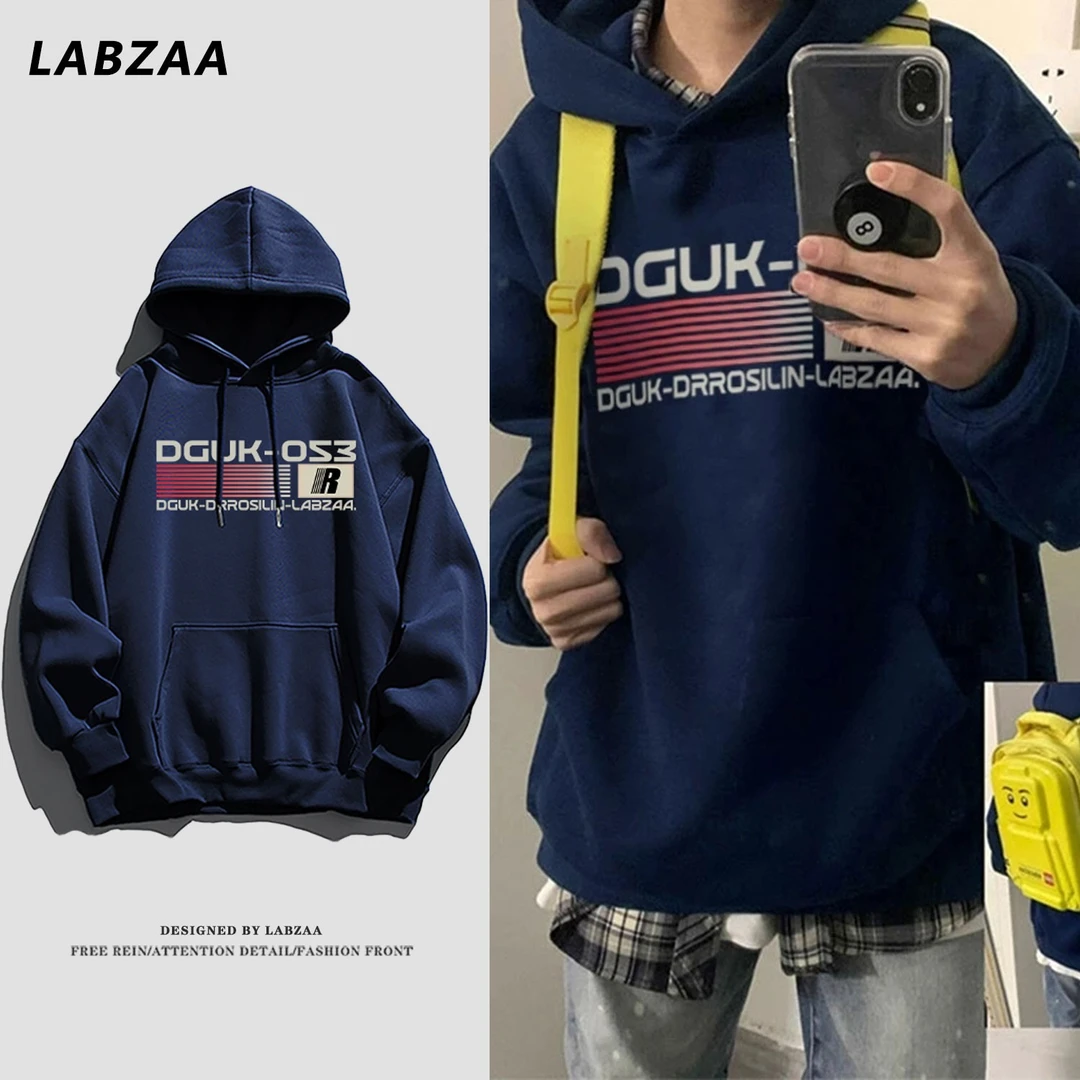 labzaa美式设计感字母印花套头连帽卫衣男秋冬季百搭宽松休闲上衣