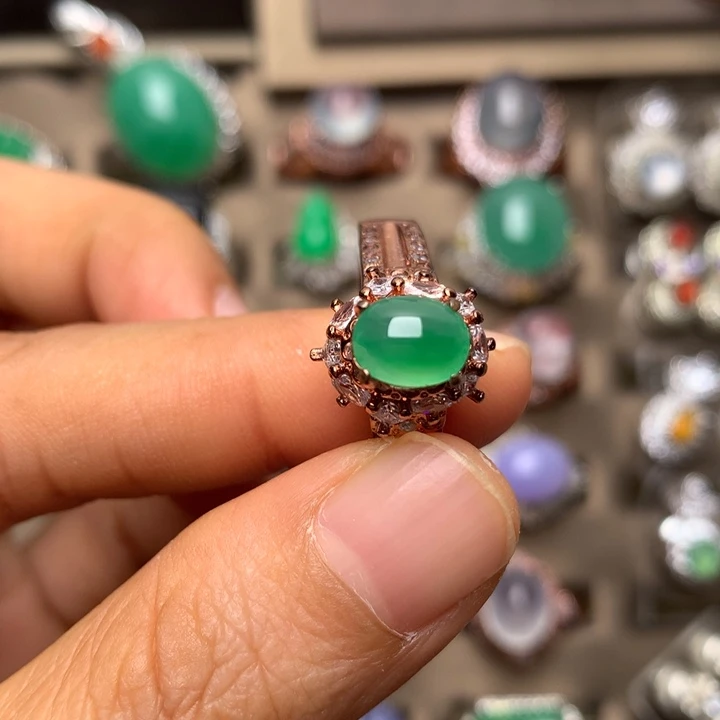 翡翠合金戒指翡翠冰种木那绿戒面