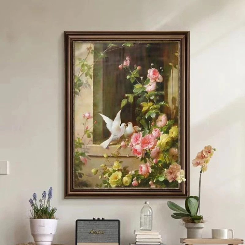 美式玄关挂画玫瑰花卉客餐厅卧室壁画大芬村复古油画高档走廊过道
