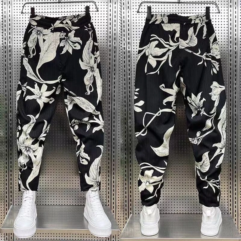 夏季男士印花哈伦裤休闲裤潮流水墨小脚韩版透气时尚百搭裤