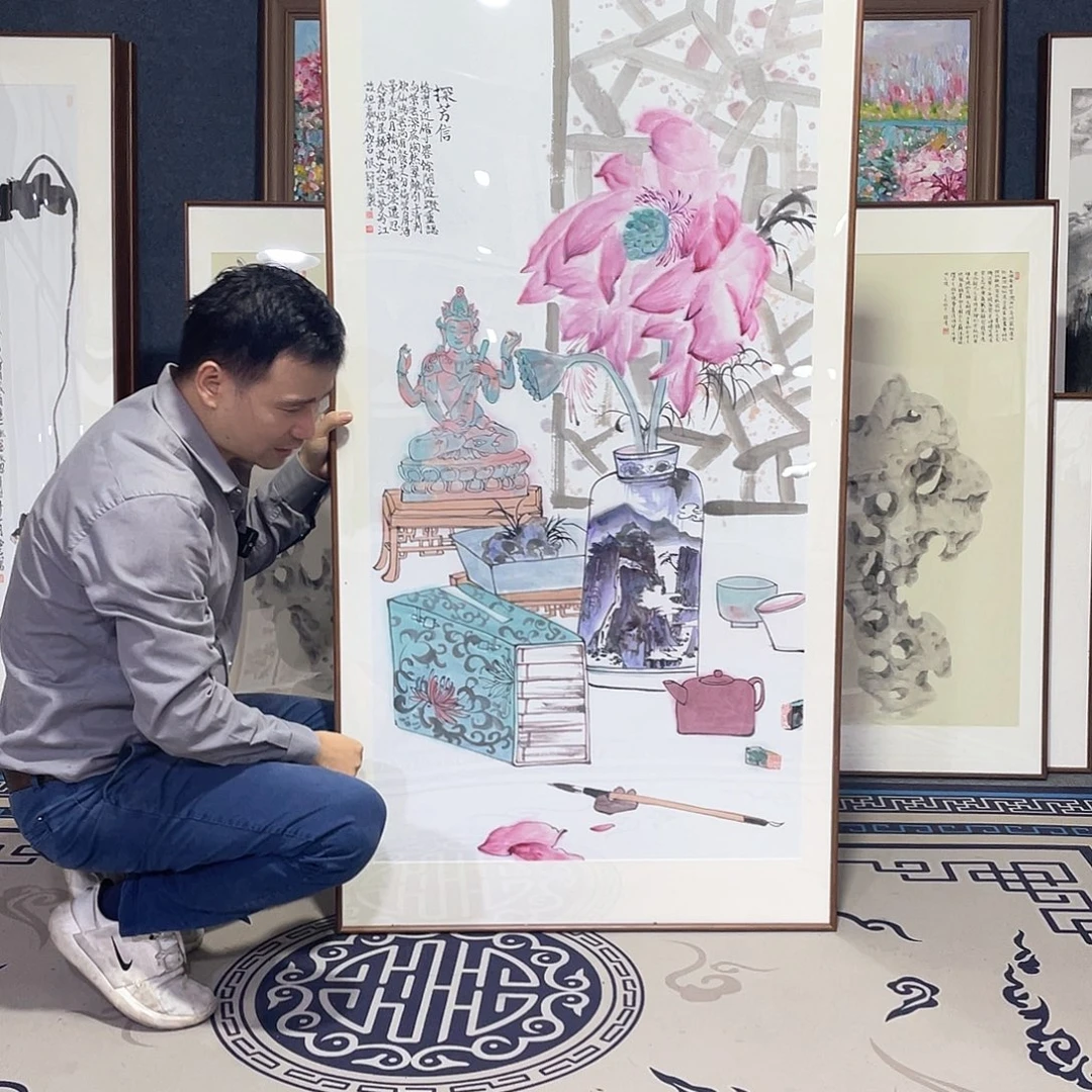国画手绘画作品带框80/160尺寸