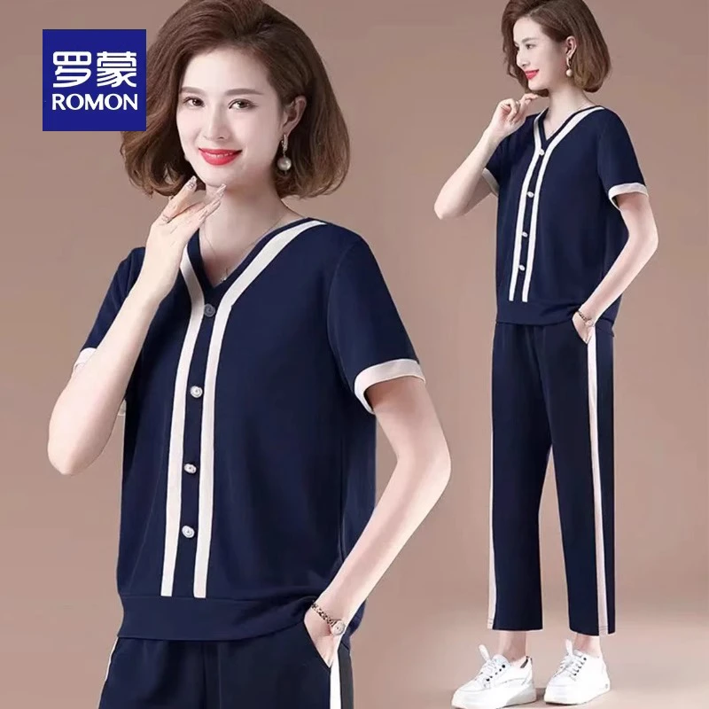 罗蒙中年妈妈夏季时尚运动套装短袖上衣中老年女休闲减龄两件套