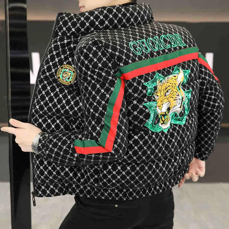 男士冬季新款时尚潮流提花韩版修身立领洋气棉服外套男棉衣痞帅