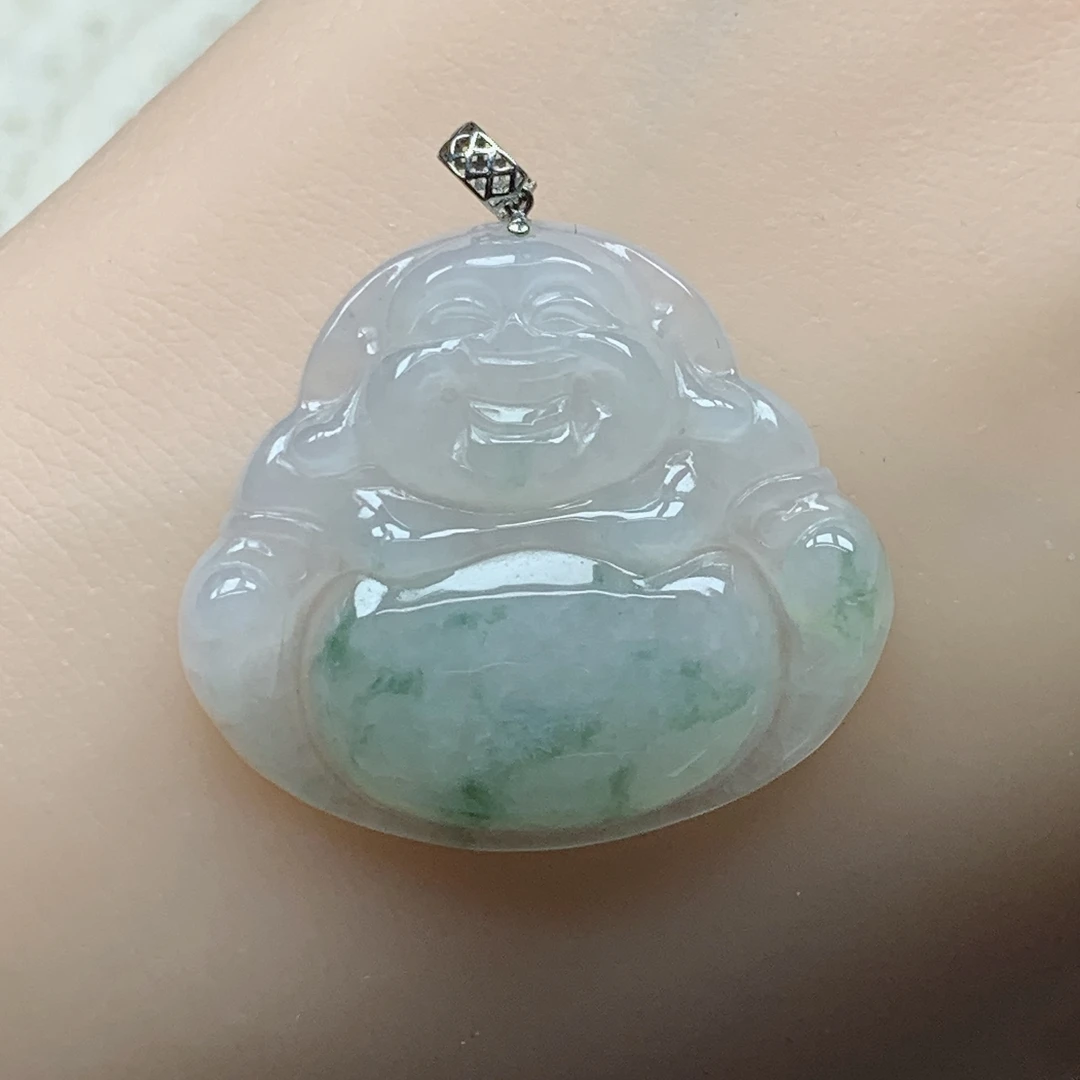 缅甸天然翡翠A货18k金扣头冰飘绿佛公吊坠