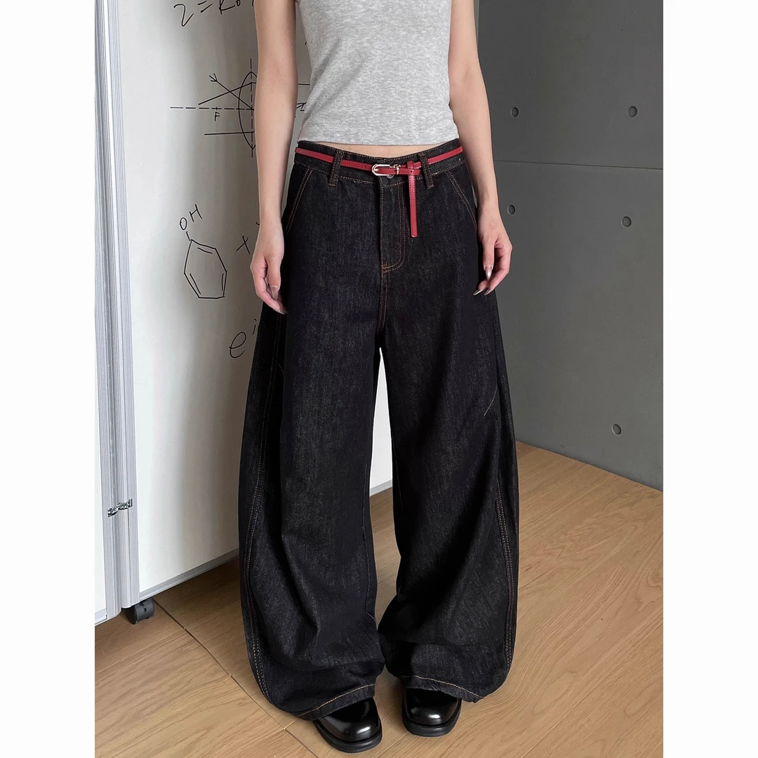 丹宁原色弯刀牛仔裤女美式复古高级感黑色宽松直筒阔腿拖地裤子