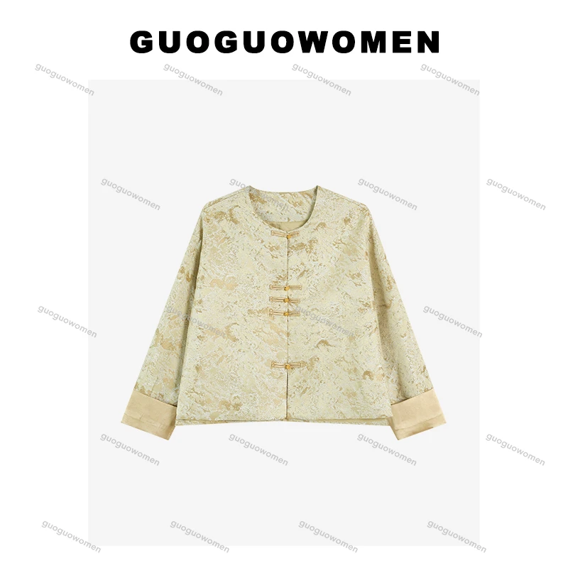 果果家  长袖刺绣圆领宽松型短外套2025新中式春季女装复古上衣