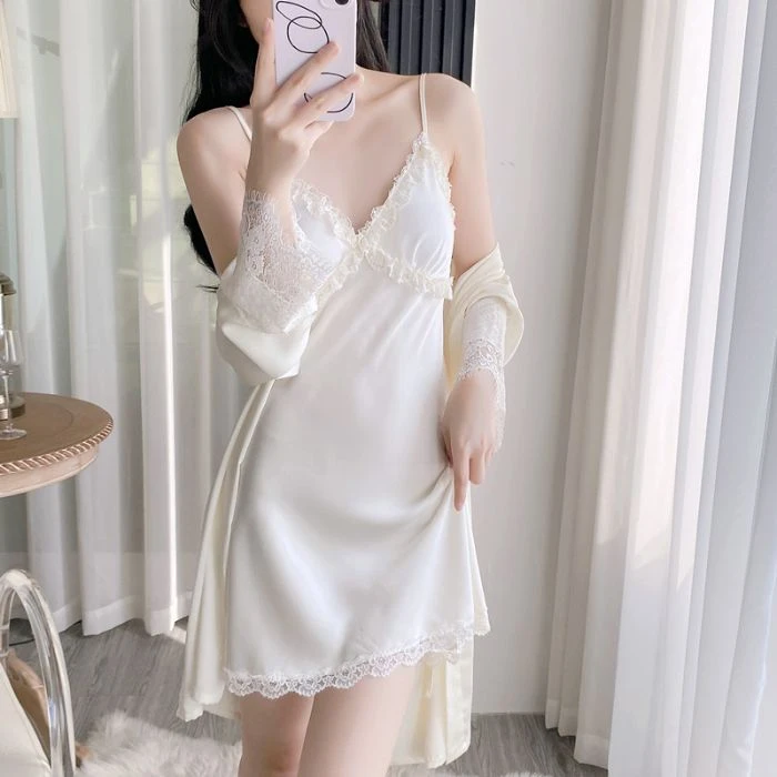 2025新款夏季冰丝睡衣女蕾丝吊带睡裙纯欲风带胸垫睡袍家居服套装