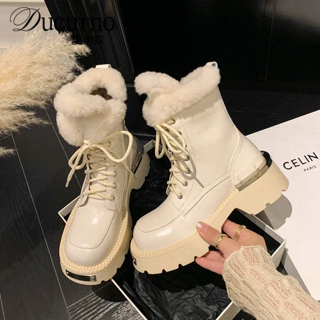 DUCURNO韩版金属扣系带马丁靴女厚底加绒毛毛靴真皮ins时尚小短靴