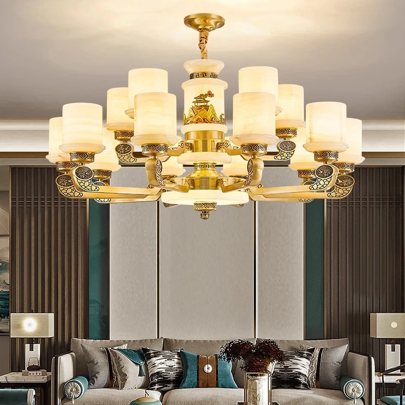 全铜新中式吊灯天然玉石中国风别墅楼中楼客厅灯简约餐厅卧室灯具