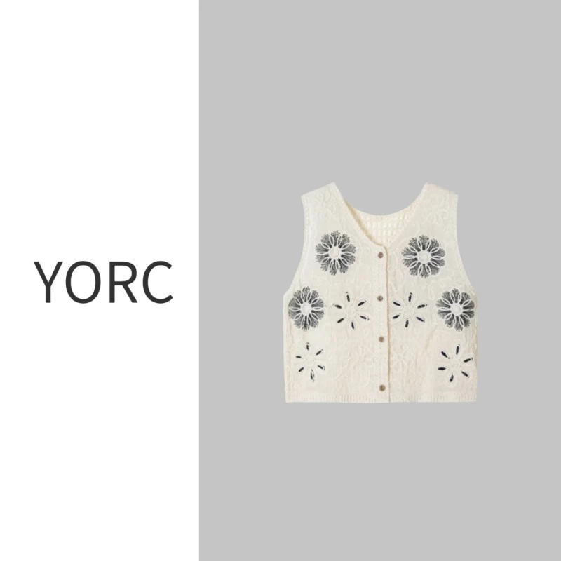 YORC夏季新款V领无袖镂空盘花背心马甲