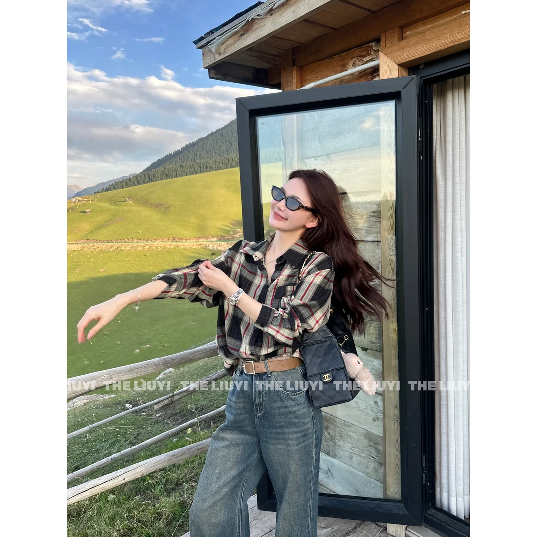 【LIUYI】设计感复古格纹慵懒风衬衫外套57265