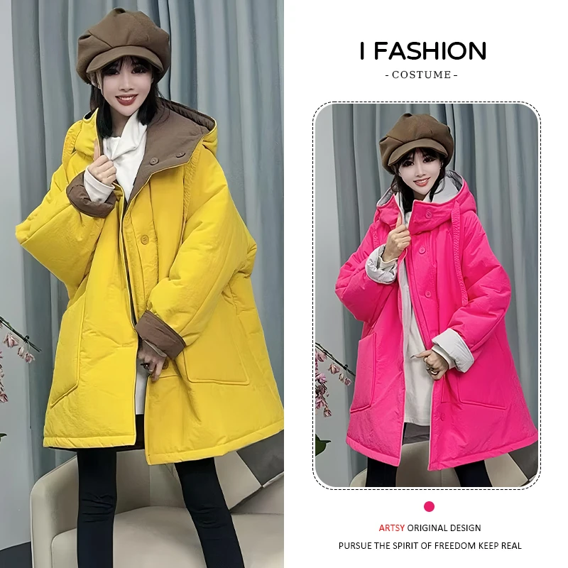 双面穿连帽飘带棉服女款2025秋冬新款高级感棉衣加厚保暖棉袄外套