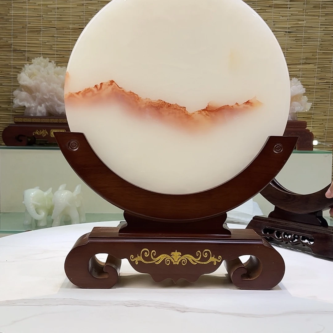 扯***春玉天然玉石平安扣摆件36cm实木座