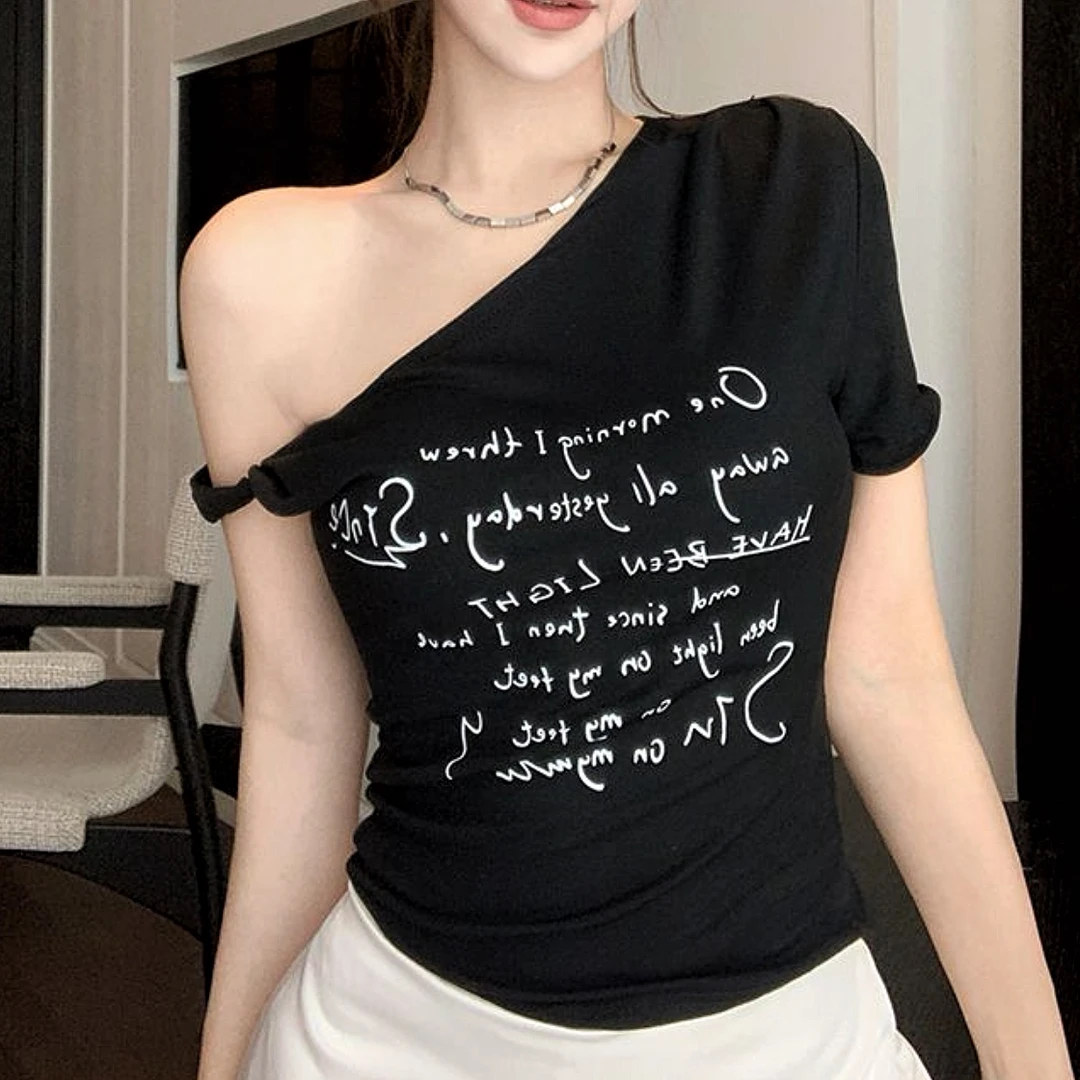 复古印花不规则扭结斜肩上衣