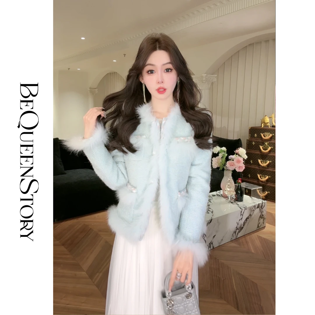 余潇潇【奢香雪夜】气质拼接狐狸毛条圆领羊毛小香风绒羽外套冬季女