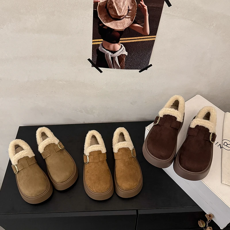 软厚底勃肯鞋女2025冬季新款加绒加厚保暖一脚蹬毛毛雪地棉鞋子