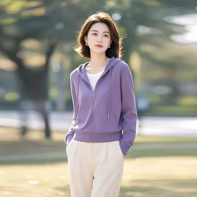 外套女春季2025新款小个子紫色连帽卫衣开衫时尚洋气小众长袖上衣
