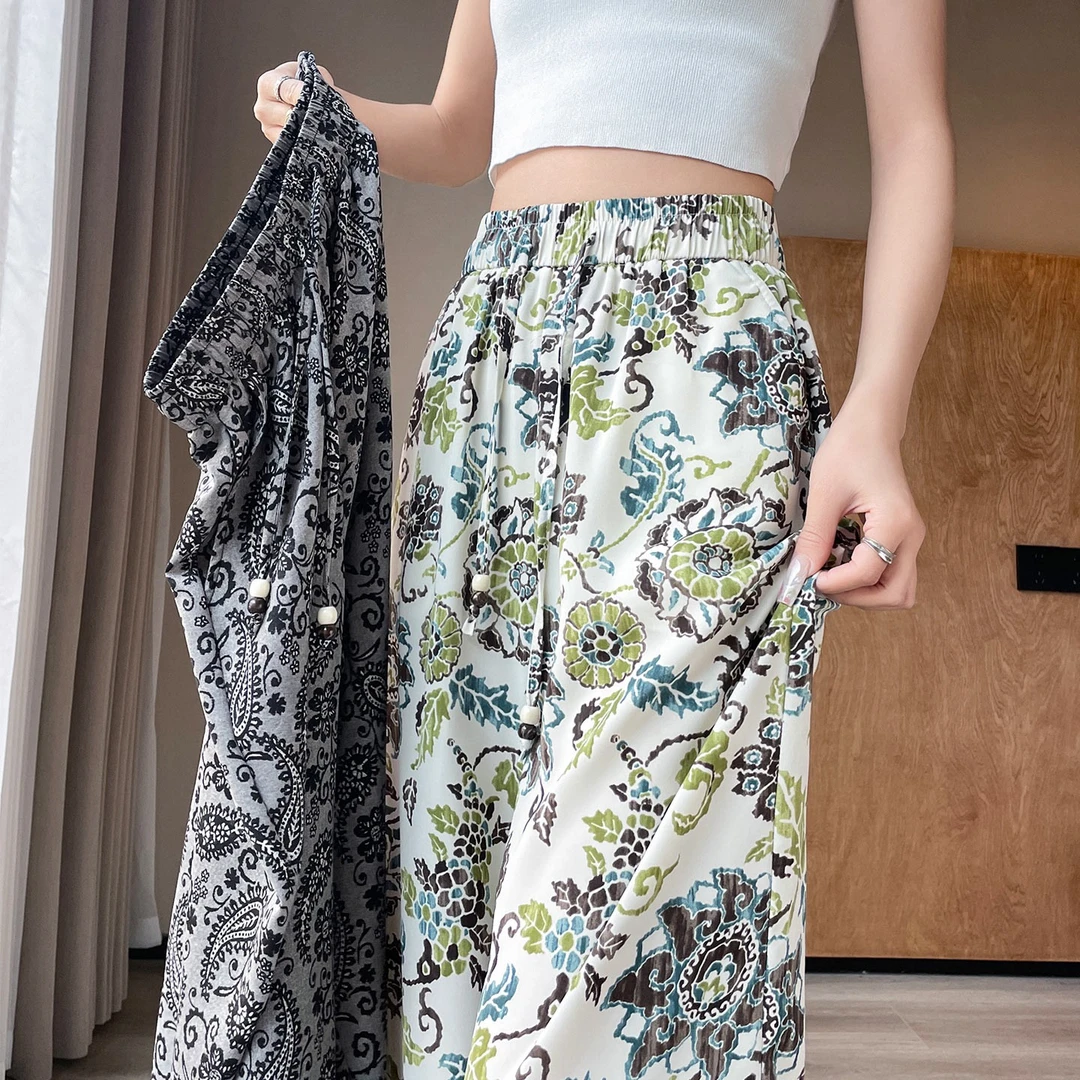 VONSRMAN复古印花窄版休闲直筒裤女夏季薄款高级感垂感宽松防晒凉