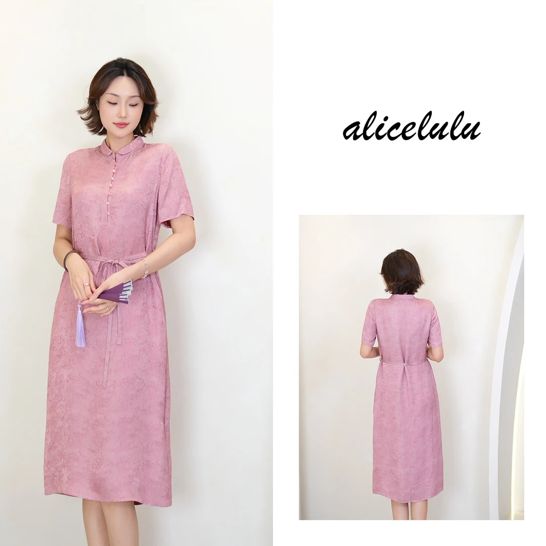 1alicelulu 时尚气质提花翻领短袖系带收腰连衣裙 S2143200E