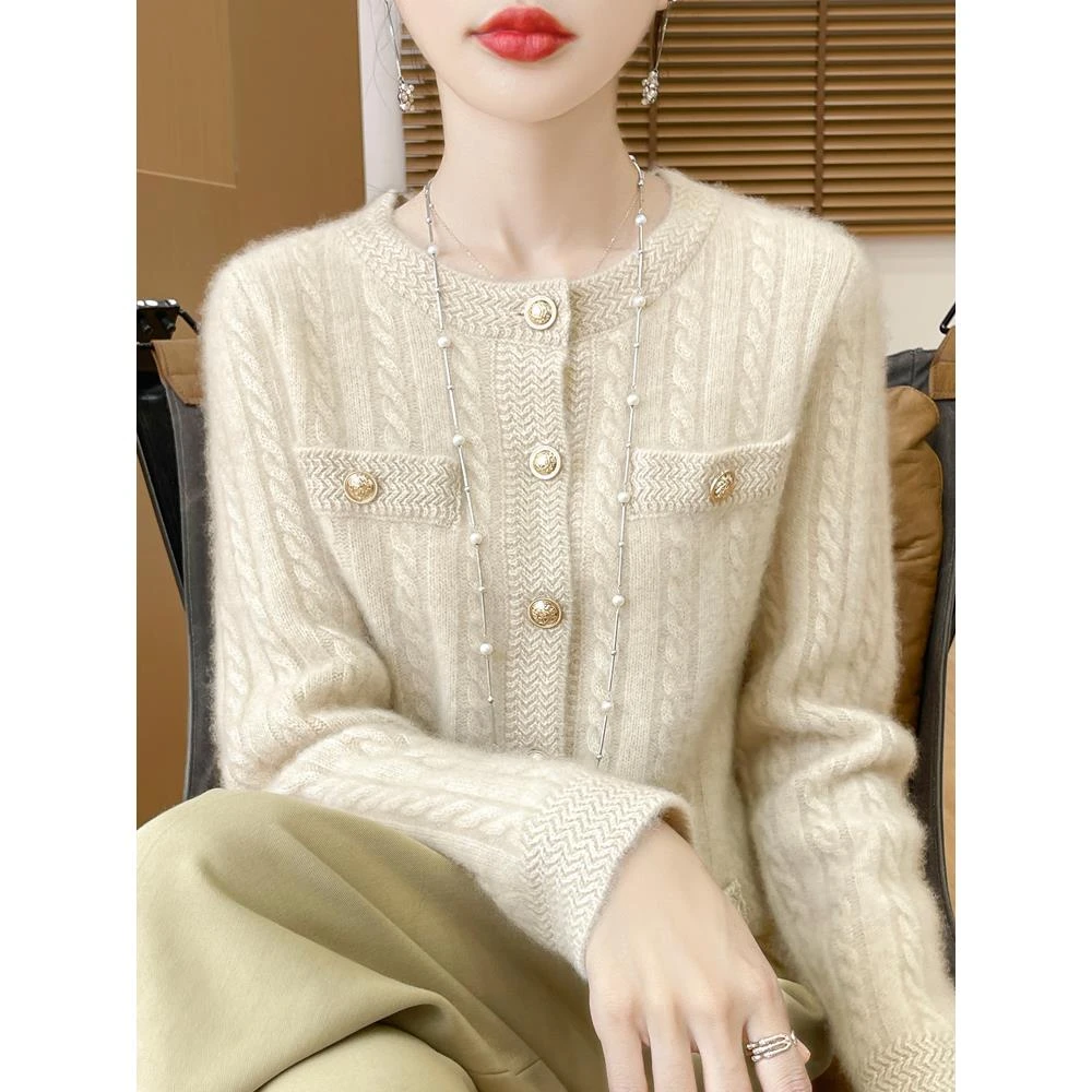 100%羊毛开衫女士圆领加厚扭花小香风毛衣外套洋气百搭羊毛针织衫