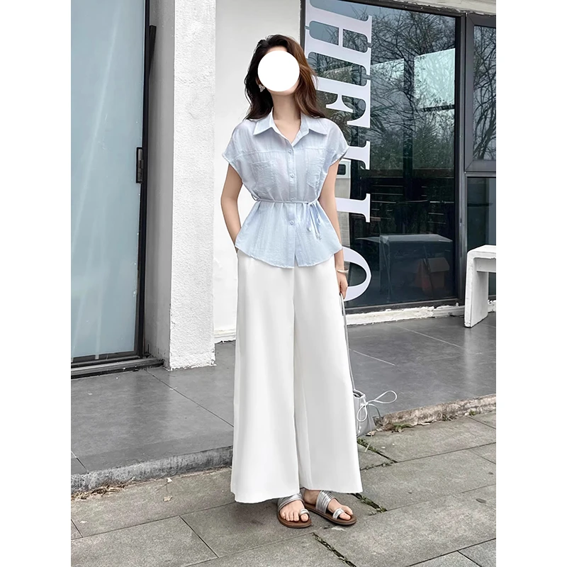 显瘦蓝色无袖休闲上衣2025夏季新款洋气质减龄短袖时尚衬衫白色