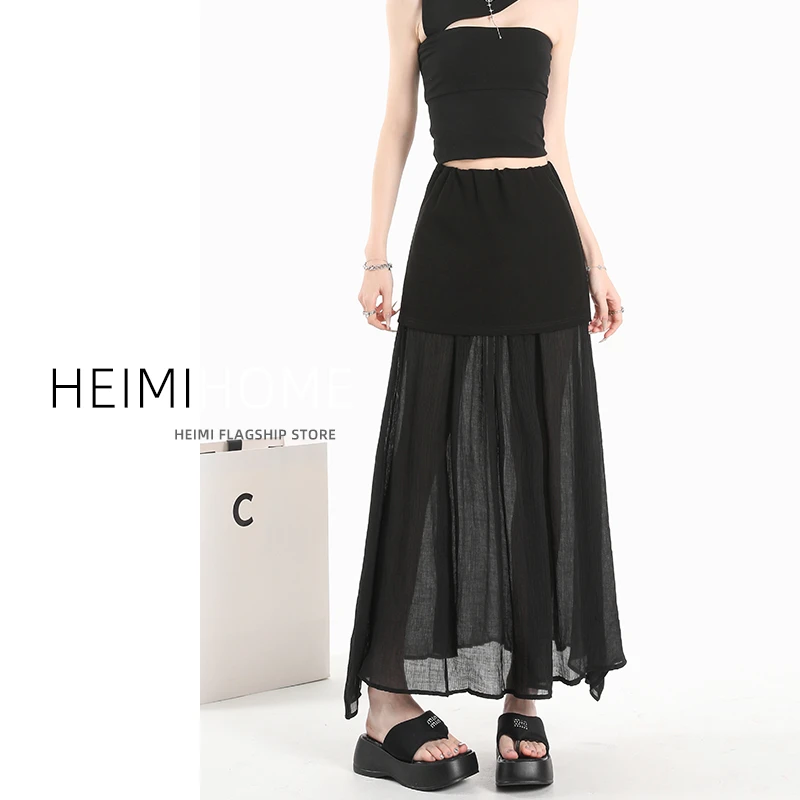 黑色纯欲风网纱半身裙女夏季薄款假两件a字裙小个子微透包臀长裙