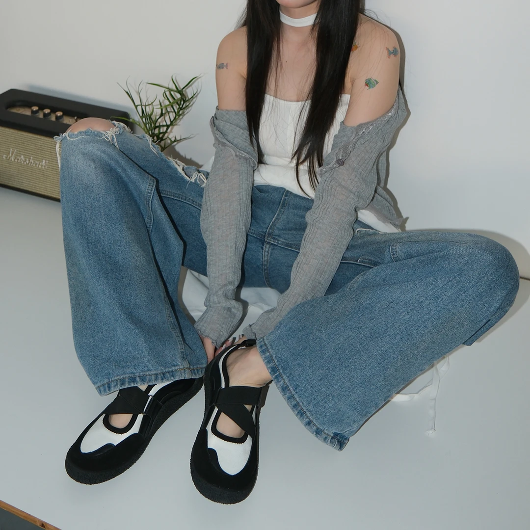 【清清现现】Mooreyu拼色真皮玛丽珍鞋女平底休闲鞋魔术贴松紧带