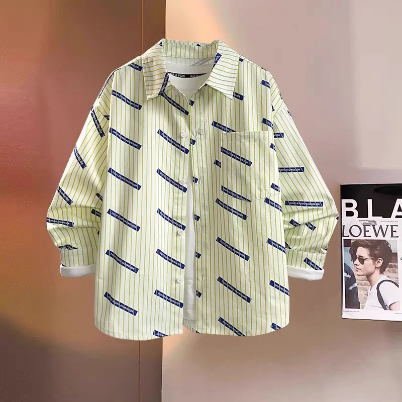 男童条纹印花长袖衬衫2025春季新款中大童男孩时尚儿童薄款外套潮