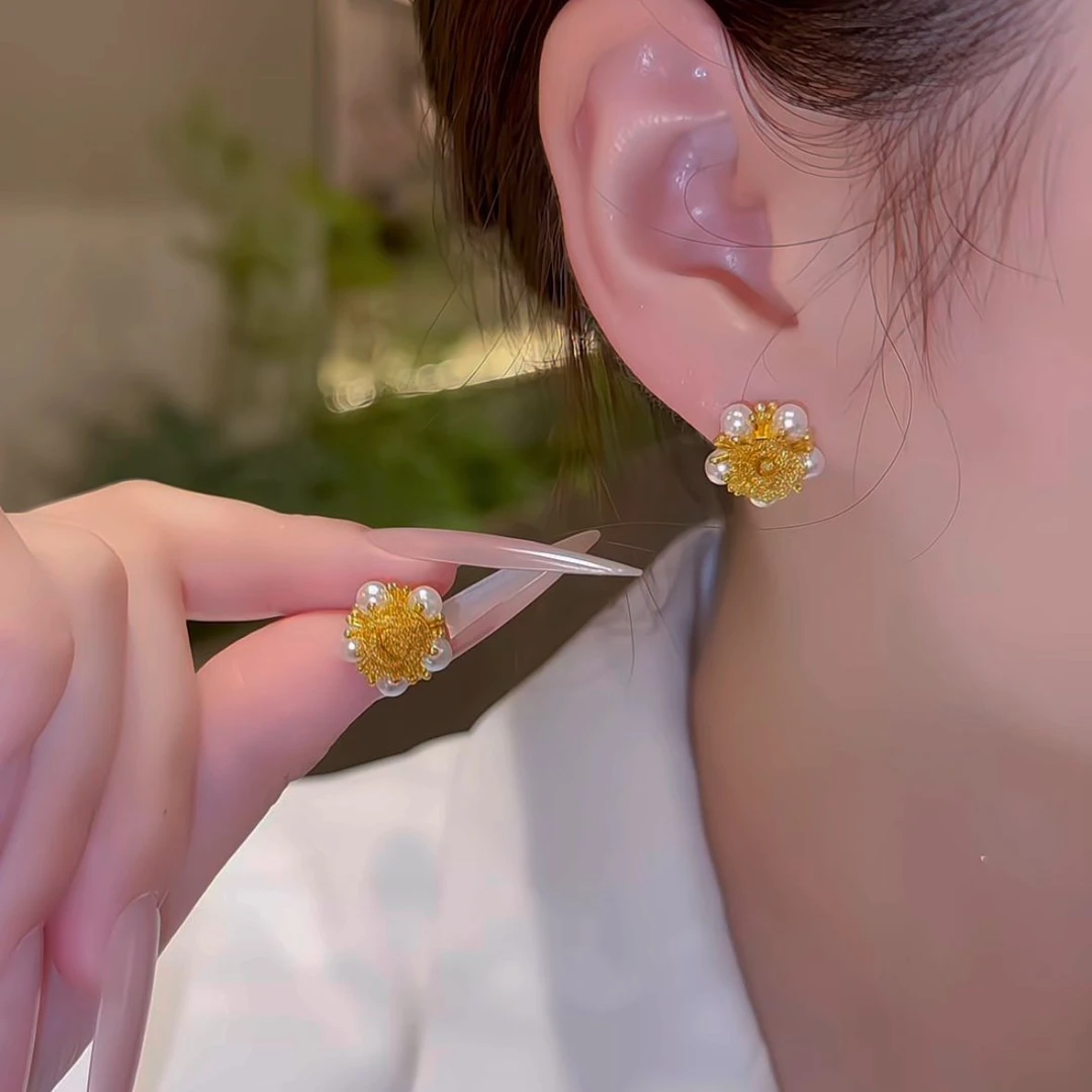 铜合金耳饰 2025新款黄玫瑰珠珠耳钉轻奢小巧气质高级感精致耳钉