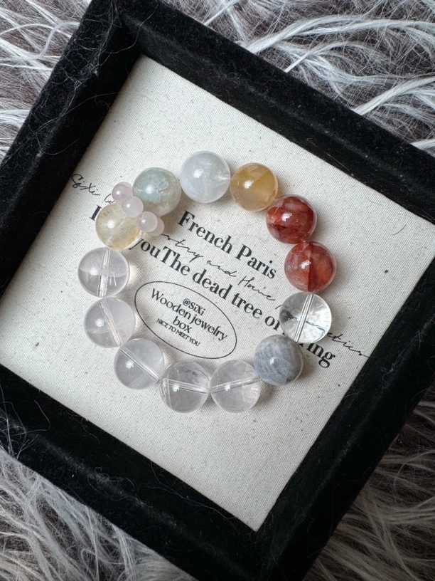 天然水晶设计手串 2红浇花 黄胶花粉水 灰月光 天然水晶设计手串