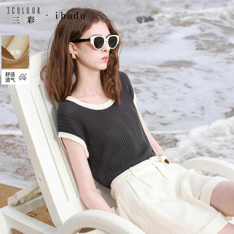 0766三彩2025夏季新款撞色圆领短袖针织衫坑条毛衫套头女dbc